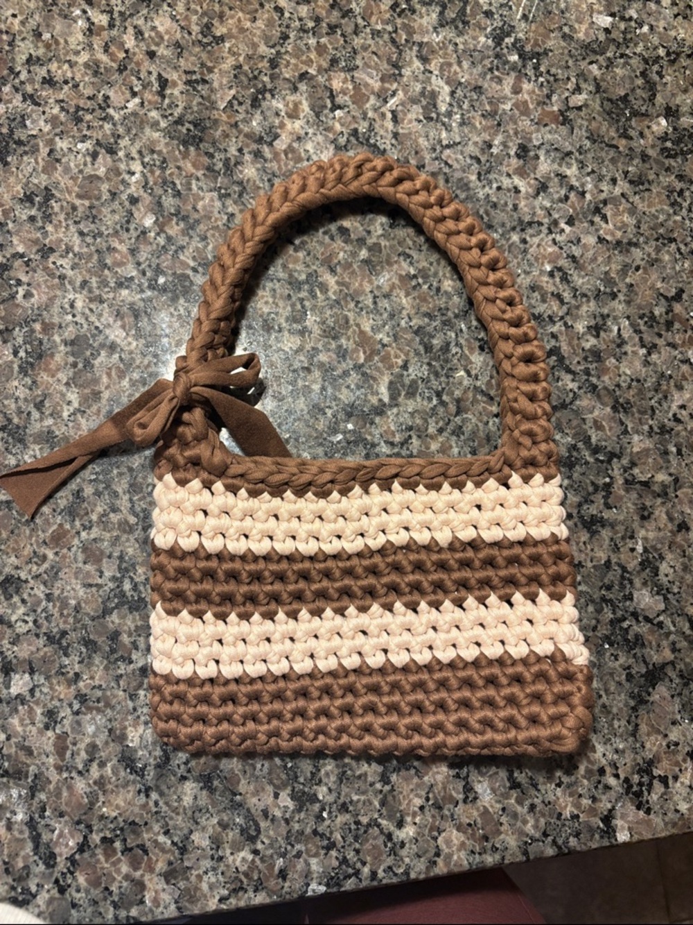 Handcrafted Brown & Cream Crochet Shoulder Bag
